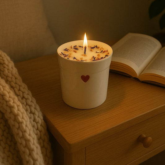 Bougie coeur | Bougie fleurie | Bougie artisanale parfumée | Pot en porcelaine | Cadeau fête des mères | Idée cadeau anniversaire | Nounou