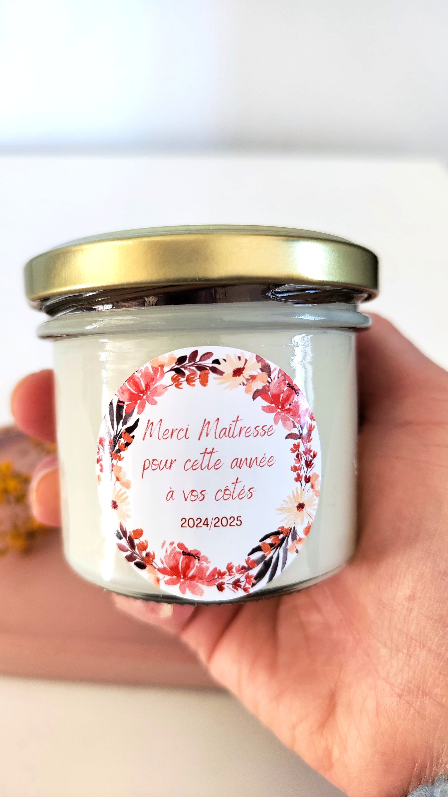 Bougie cadeau maîtresse | Bougie artisanale parfumée | Merci maîtresse | Bougie fleurie | Bougie remerciement