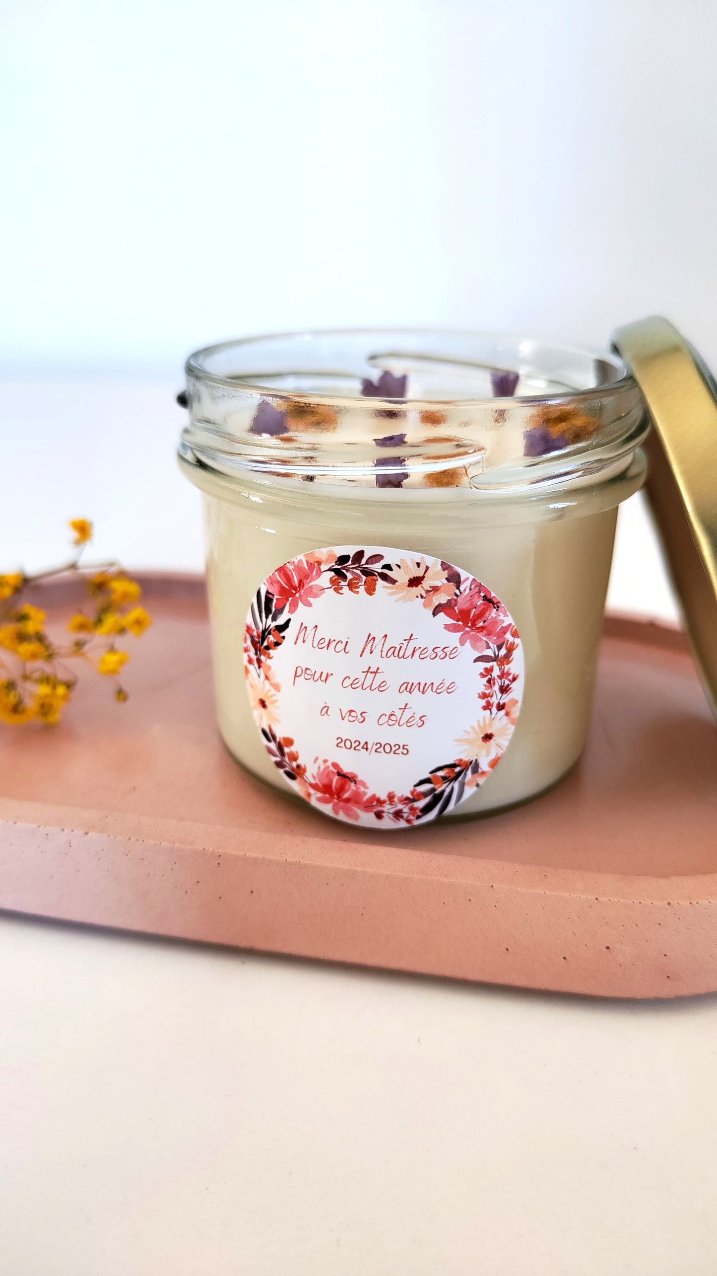 Bougie cadeau maîtresse | Bougie artisanale parfumée | Merci maîtresse | Bougie fleurie | Bougie remerciement